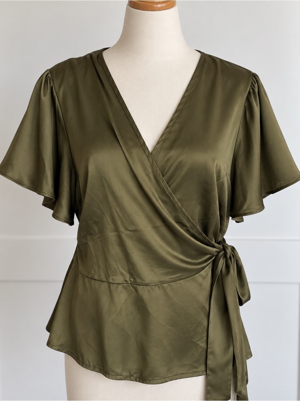 NWT 90s Olive Green Satin Wrap Blouse Flutter Sleeve Tie Waist 2x